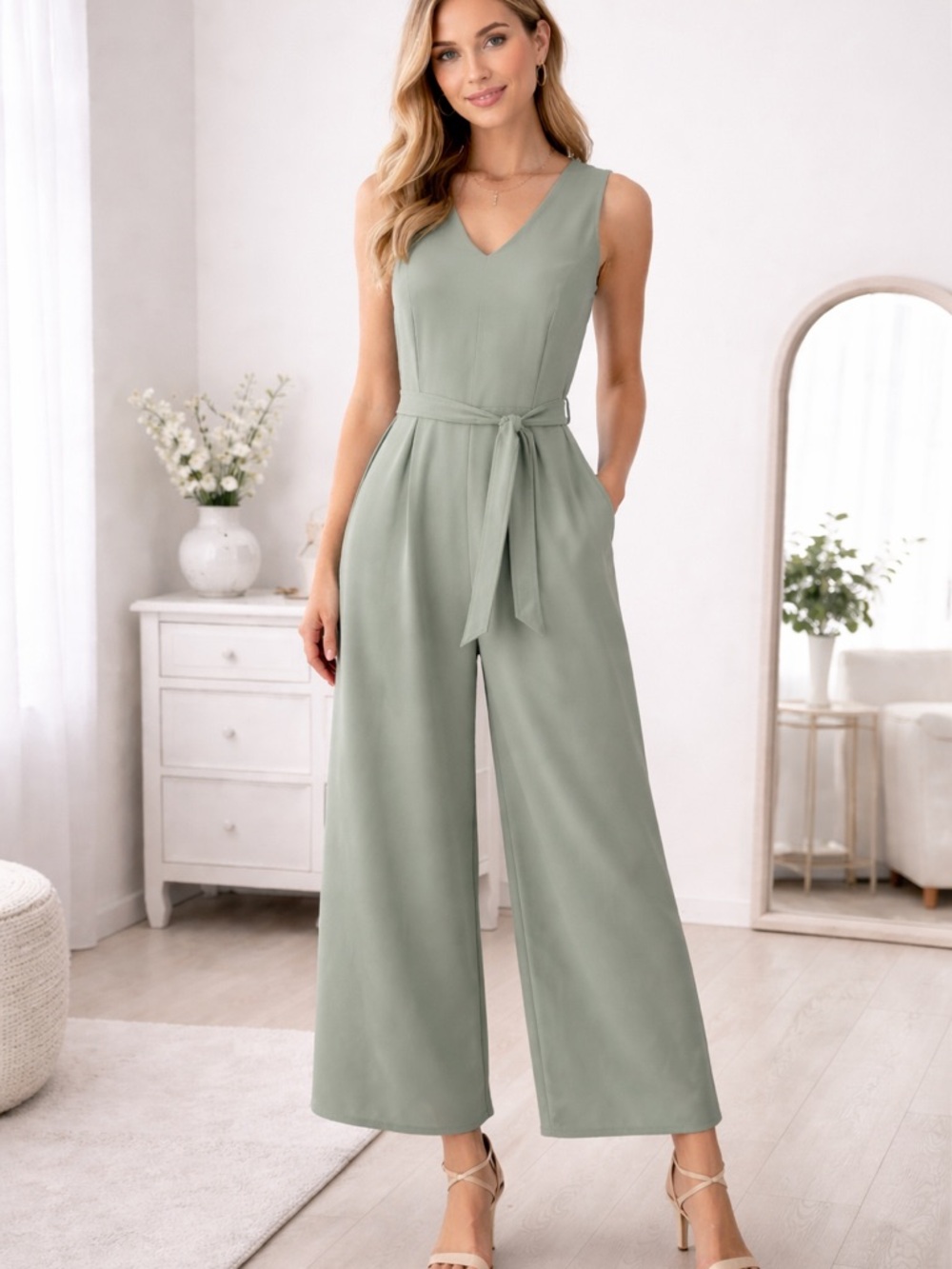 Calvin Klein Sleeveless V-Neck Wide-Leg Jumpsuit in Sage